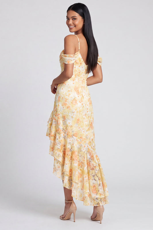 Butter Yellow Cold Shoulder Floral Mermaid High Low Formal Dress with Ruffles