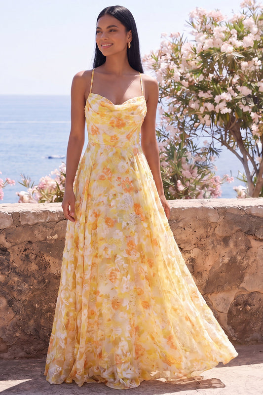 Butter Yellow Cowl Neck A Line Floral Long Formal Dress
