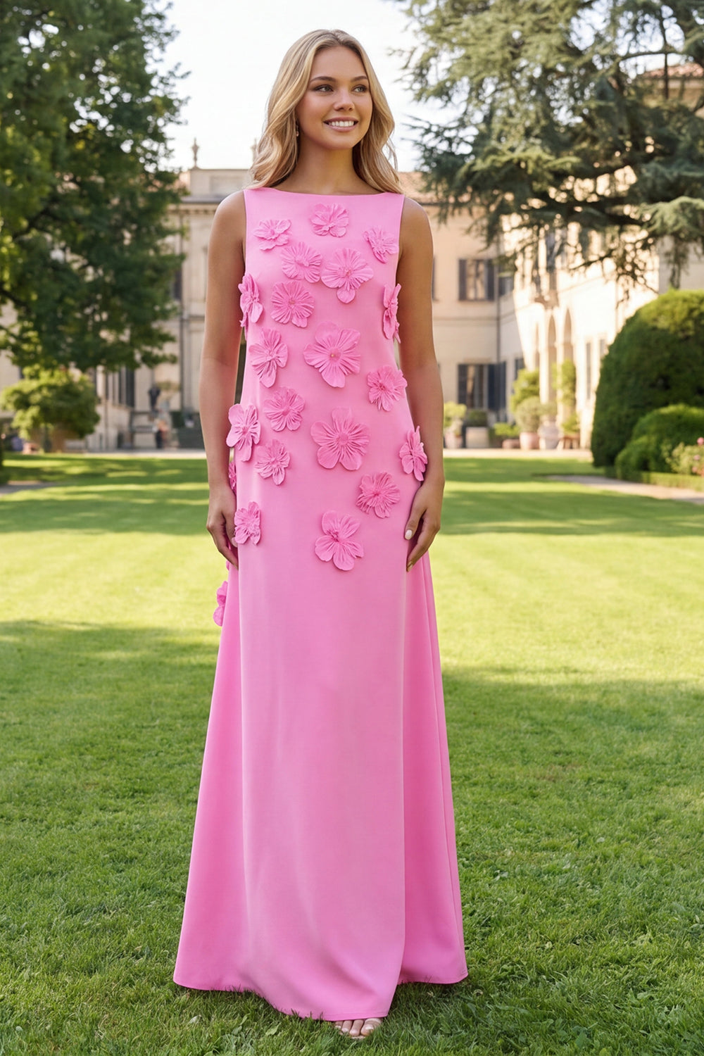 Zapaka Women Hot Pink Maxi Floral Dress Mermaid Bateau Neck Wedding Guest Dress, Hot Pink / US16