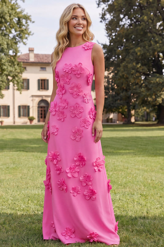 Hot Pink Boat Neck A Line Floral Maxi Wedding Guest Dress