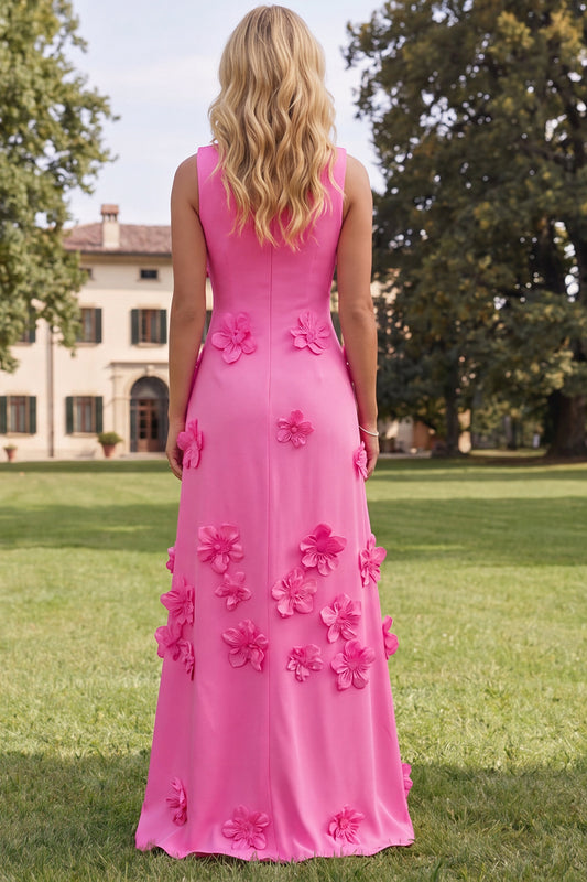 Hot Pink Boat Neck A Line Floral Maxi Wedding Guest Dress