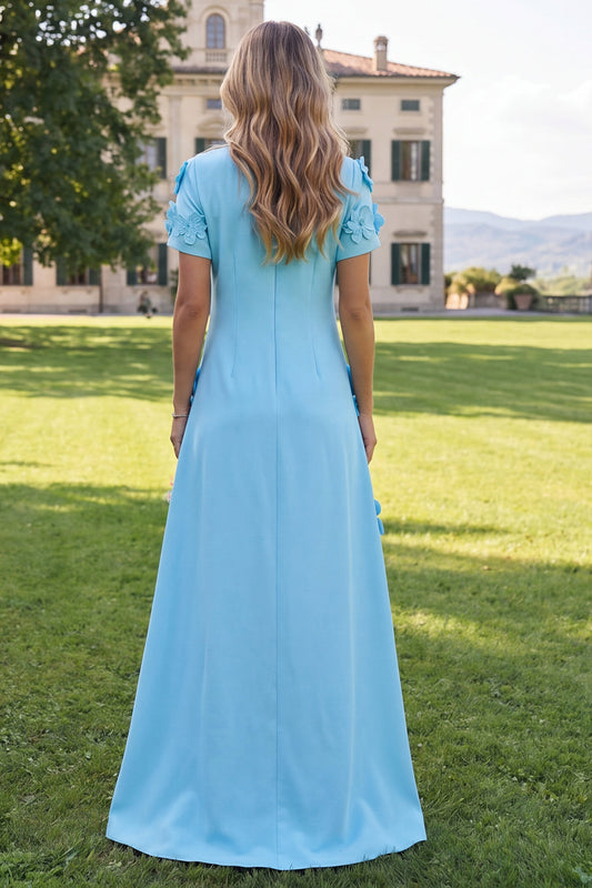 Round Neck Blue A Line Floral Long Wedding Guest Dress with Sleeves
