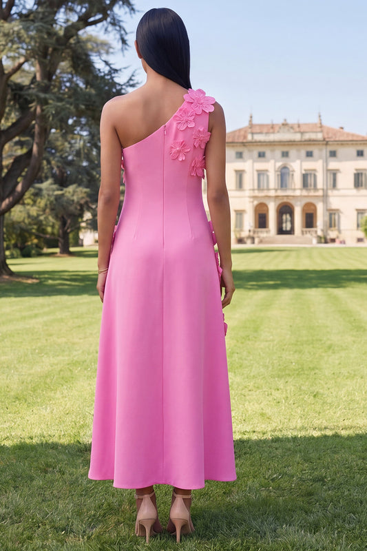 Floral Hot Pink One Shoulder A Line Maxi Wedding Guest Dress