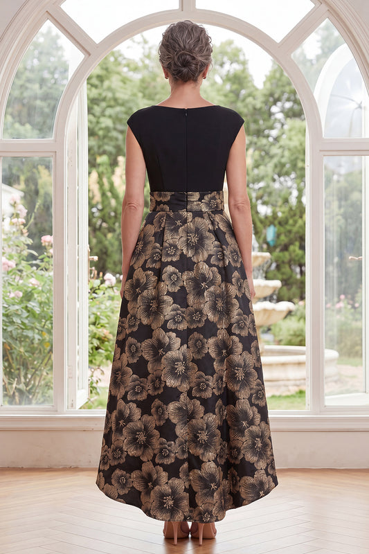 Boat Neck Black Floral A Line Long Mother of the Bride Dress with Pockets