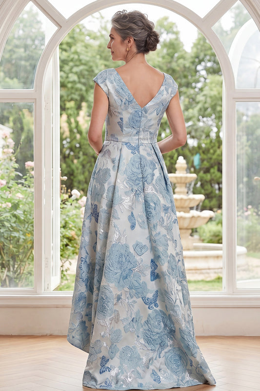 V-Neck Blue Floral A Line Long Mother of the Bride Dress