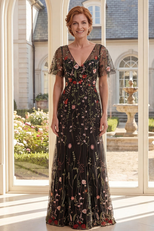 Black V-Neck Floral A Line Long Mother of the Bride Dress