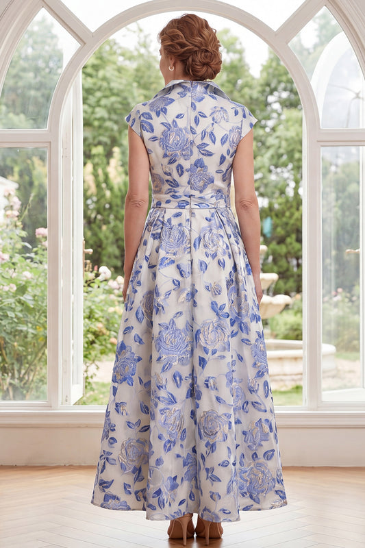 Cap Sleeves White Blue Flower A Line Long Mother of the Bride Dress
