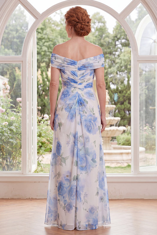 White Blue Flower A Line Ruched Long Mother of the Bride Dress
