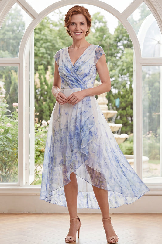 White Blue Flower A Line Long V-Neck Mother of the Bride Dress with Ruffles