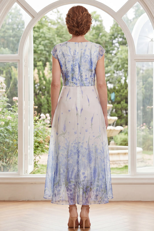 White Blue Flower A Line Long V-Neck Mother of the Bride Dress with Ruffles
