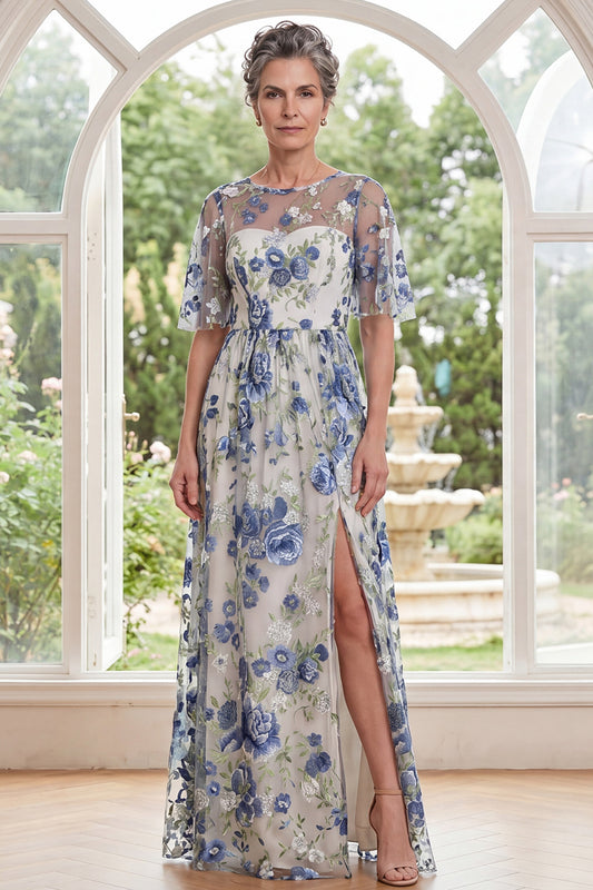 Blue Flower Boat Neck A Line Long Mother of the Bride Dress with Slit