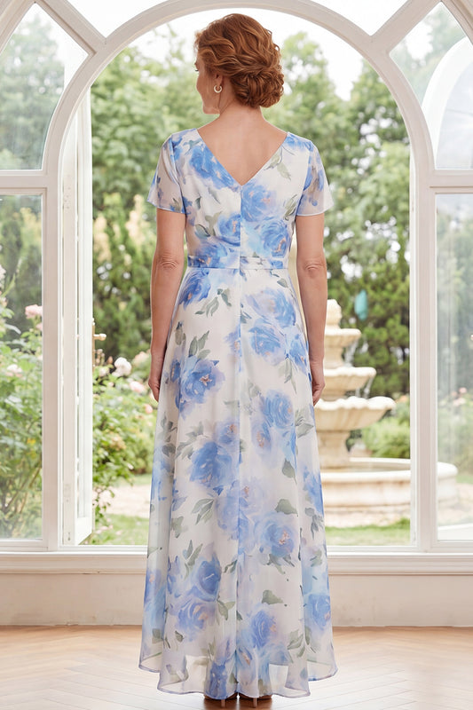 Ruched White Blue Flower A Line Long Mother of the Bride Dress with Ruffles