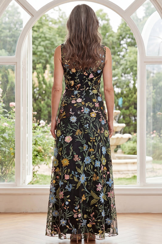 Black V-Neck Floral A Line Long Mother of the Bride Dress with Slit