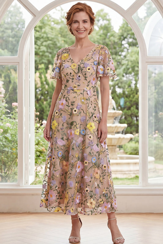 Champagne V-Neck Floral A Line Long Mother of the Bride Dress
