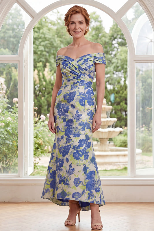 Blue Daffodil Flower Mermaid Off the Shoulder Long Mother of the Bride Dress
