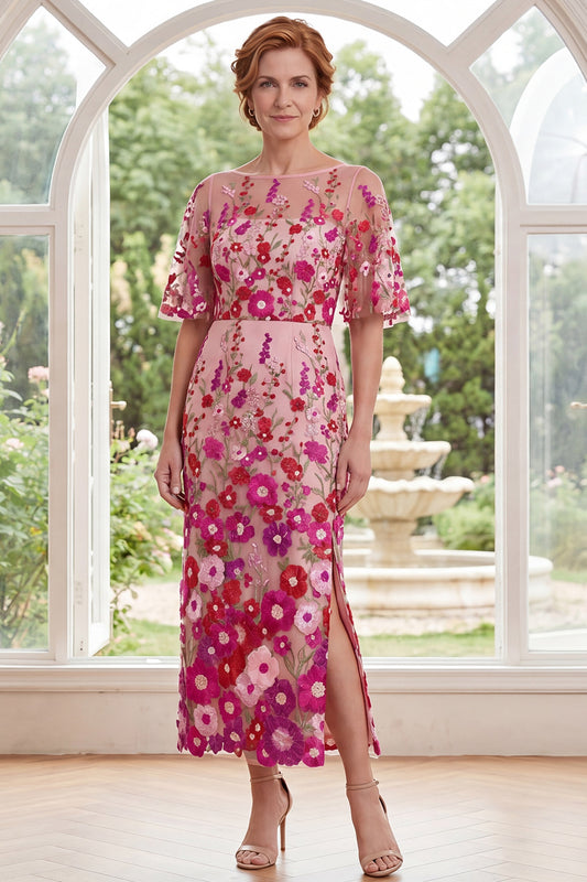 Fuchsia Boat Neck Floral Sheath Long Mother of the Bride Dress with Slit
