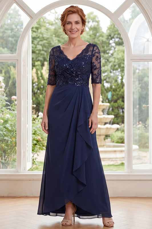 V-Neck Navy Beaded Long Mother of the Bride Dress with Ruffles
