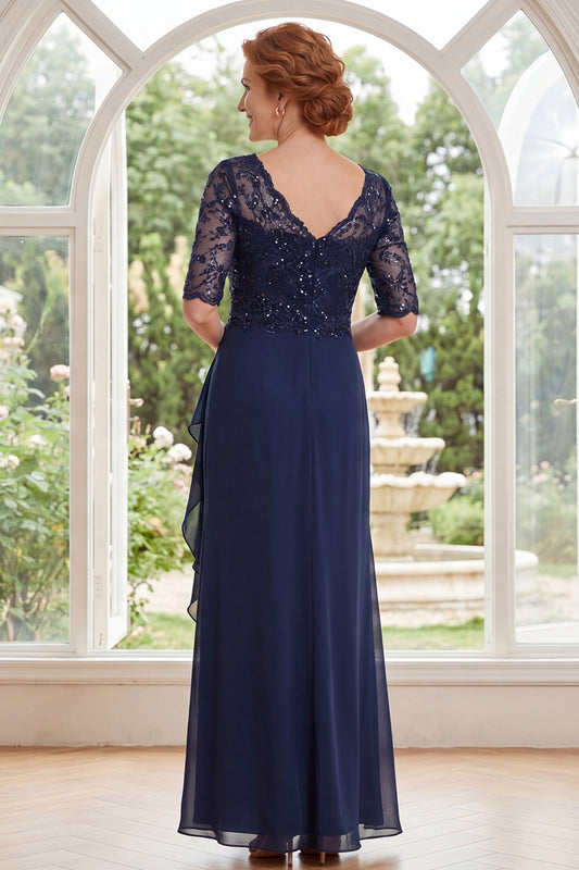 V-Neck Navy Beaded Long Mother of the Bride Dress with Ruffles