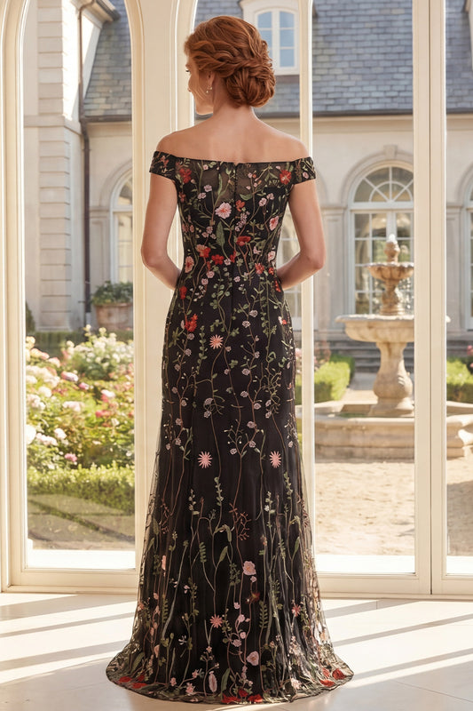Off the Shoulder Black Floral Mermaid Long Mother of the Bride Dress