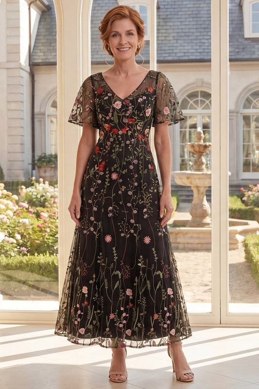 Black Short Sleeves Floral A Line Long Mother of the Bride Dress