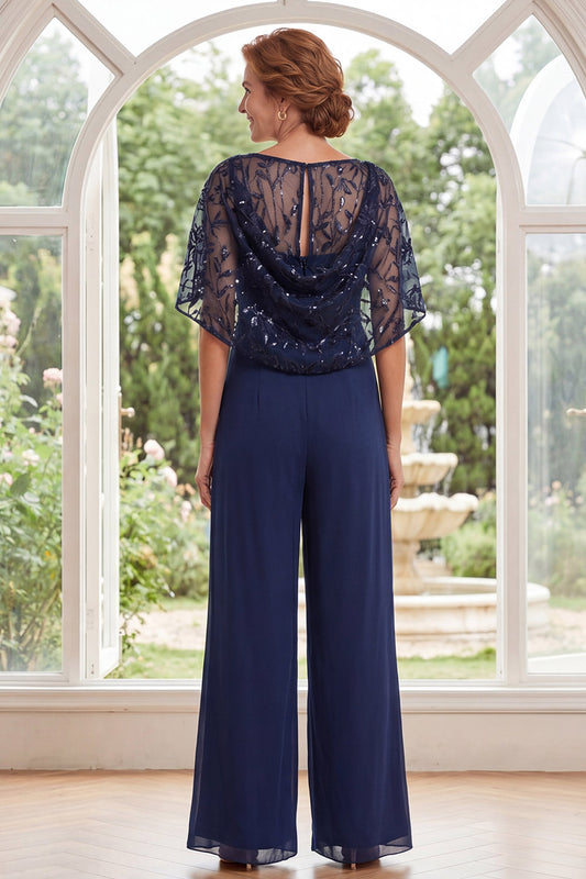 Sparkly Navy Beaded Long Mother of the Bride Jumpsuits with Cape