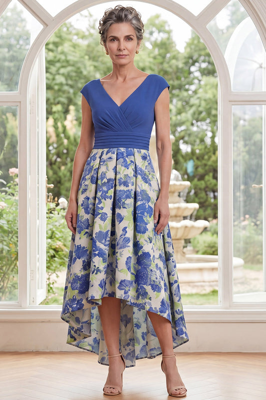 Blue Daffodil Flower A Line High Low V-Neck Mother of the Bride Dress