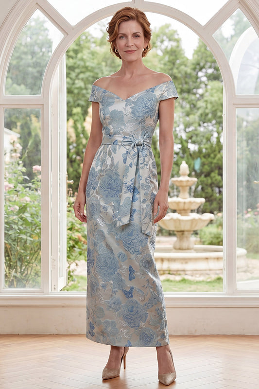 Blue Floral Off the Shoulder Sheath Long Mother of the Bride Dress