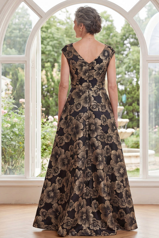 V-Neck Black Floral A Line Long Mother of the Bride Dress with Slit