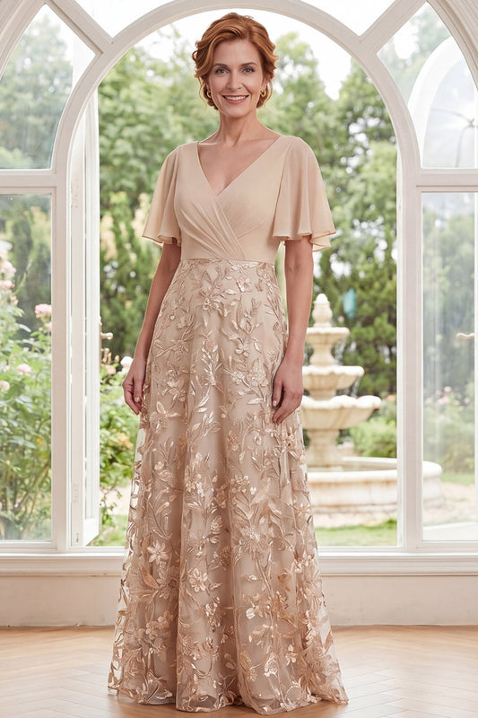 A Line Long Ruched Champagne V-Neck Floral Mother of the Bride Dress