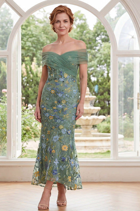 Green Off the Shoulder Ruched Floral Mermaid Long Mother of the Bride Dress