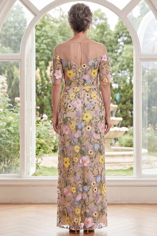 Champagne Boat Neck Floral Sheath Long Mother of the Bride Dress with Slit