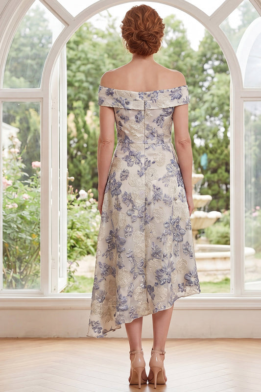 Dusty Blue Off the Shoulder Floral A Line Asymmetrical Mother of the Bride Dress