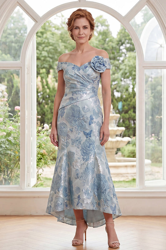 Blue Floral Off the Shoulder Mermaid Ruched Long Mother of the Bride Dress