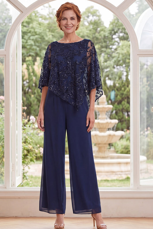 Beaded Long Sparkly Navy Mother of the Bride Jumpsuits with Cape