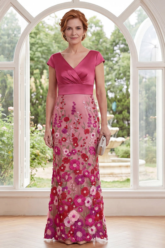 Fuchsia V-Neck Floral Mermaid Ruched Long Mother of the Bride Dress