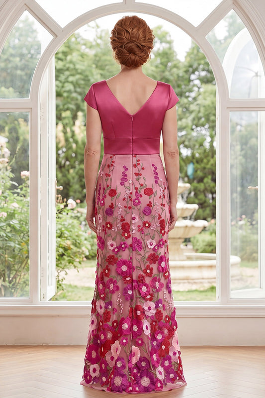 Fuchsia V-Neck Floral Mermaid Ruched Long Mother of the Bride Dress