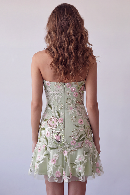 Sage Green Floral Short Strapless Homecoming Dress with Ruffles