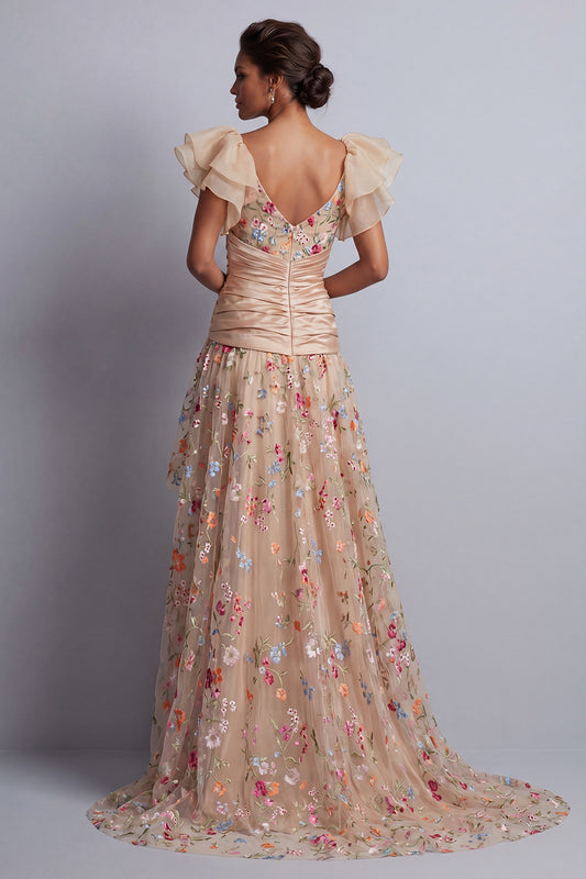 Champagne High Low Floral Corset A Line Ruched Mother of the Bride Dress with Ruffles