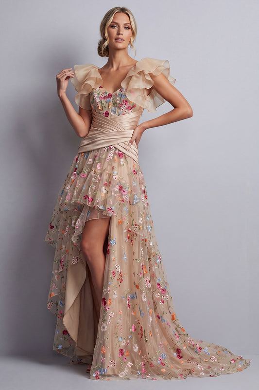 Champagne High Low Floral Corset A Line Ruched Mother of the Bride Dress with Ruffles