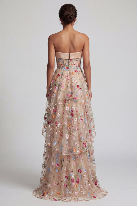 Strapless Floral Champagne Long Corset A Line Mother of the Bride Dress with Ruffles
