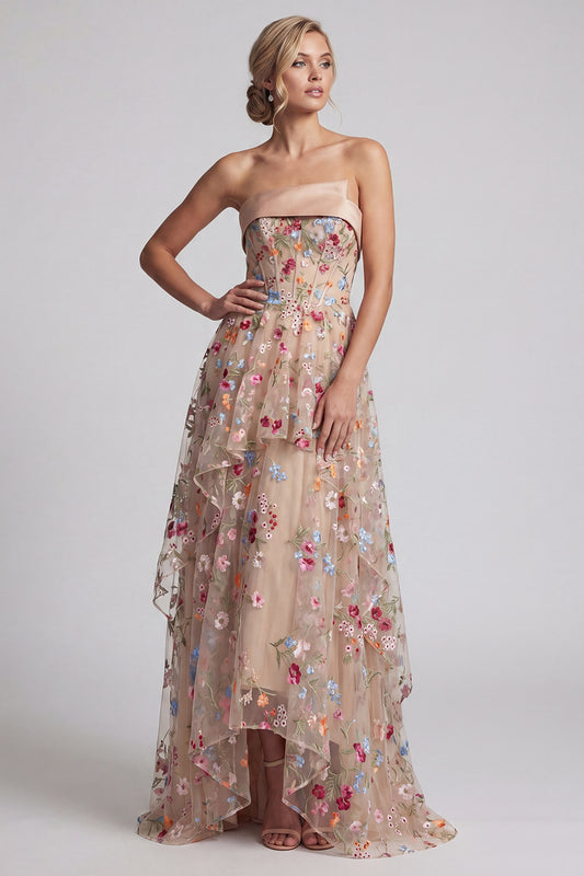 Strapless Floral Champagne Long Corset A Line Mother of the Bride Dress with Ruffles
