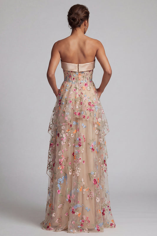 Ruffled Floral Champagne Long Corset A Line Mother of the Bride Dress with Pockets