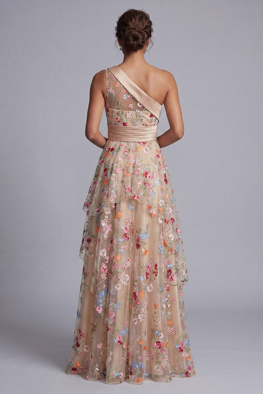 One Shoulder Floral Champagne Long A Line Mother of the Bride Dress with Ruffles