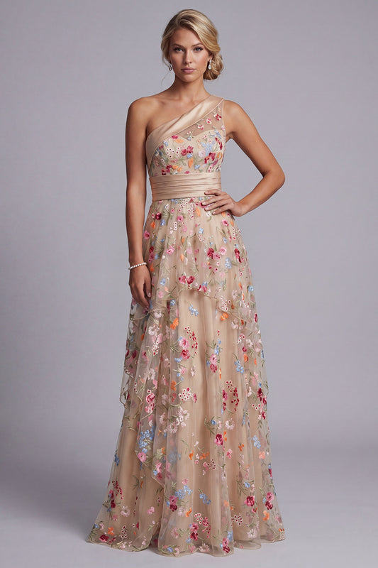 One Shoulder Floral Champagne Long A Line Mother of the Bride Dress with Ruffles