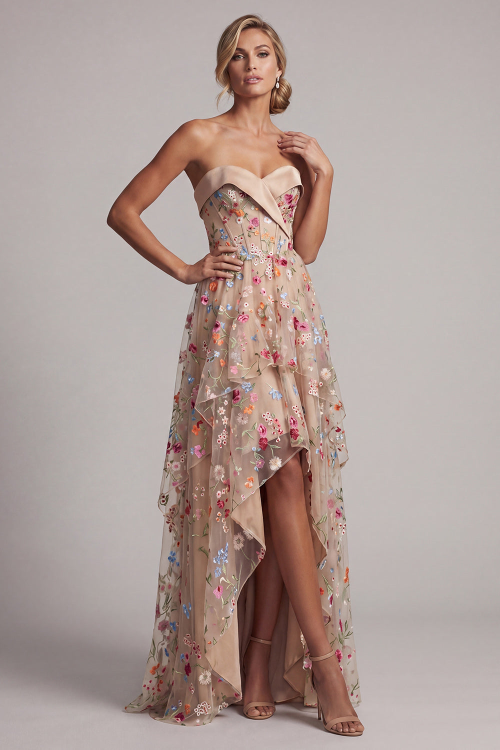 Basque Waist Floral Champagne High Low Corset Mother of the Bride Dress with Ruffles