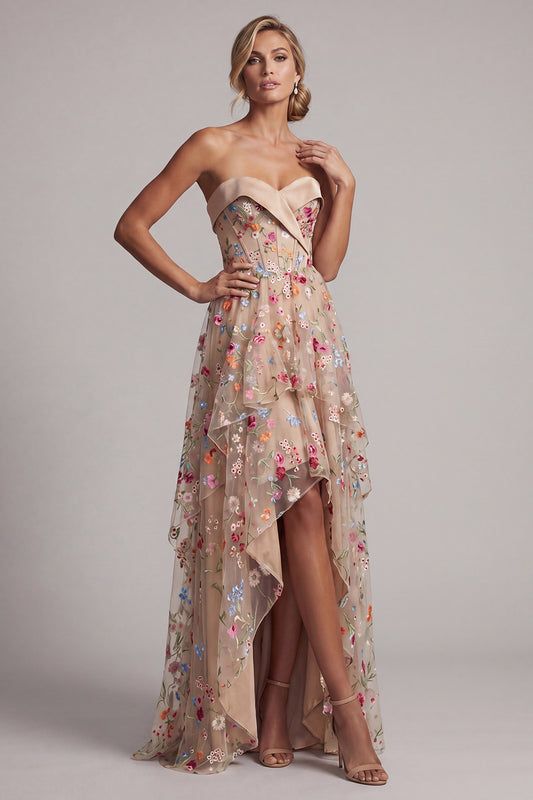 Basque Waist Floral Champagne High Low Corset Mother of the Bride Dress with Ruffles