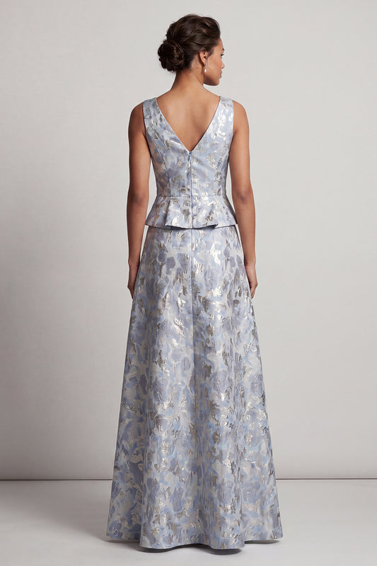 A Line Dusty Blue V-Neck Long Jacquard Floral Mother of the Bride Dress