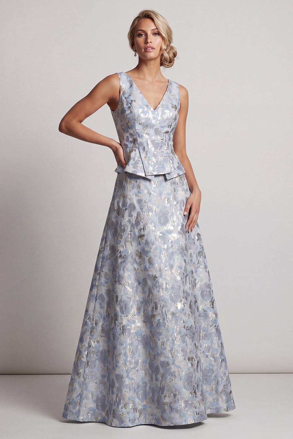 Zapakasa Women Dusty Blue Long Floral Mother of the Bride Dress V-Neck A Line Jacquard Wedding Guest Dress with Ruffles Zapakasa Women Dusty Blue Long Floral Mother of the Bride Dress V-Neck A Line Jacquard Wedding Guest Dress with Ruffles
