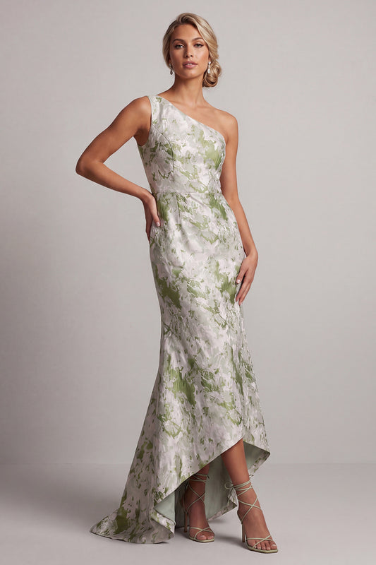 One Shoulder Long Mermaid Light Green Floral Mother of the Bride Dress
