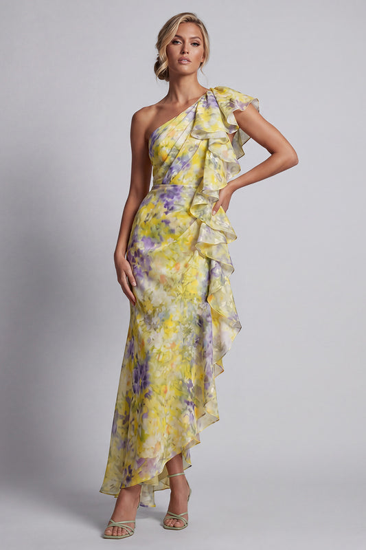 Butter Yellow Floral Mermaid Long Printed Mother of the Bride Dress with Ruffles